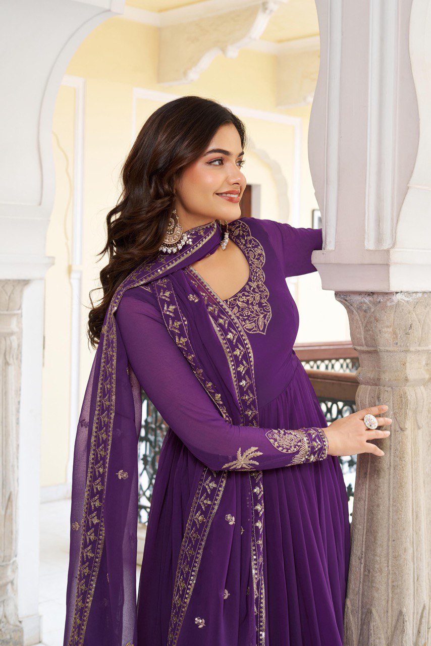 Purple & Wine Anarkali Suit Set with Embroidered Dupatta (2 Colors Available)