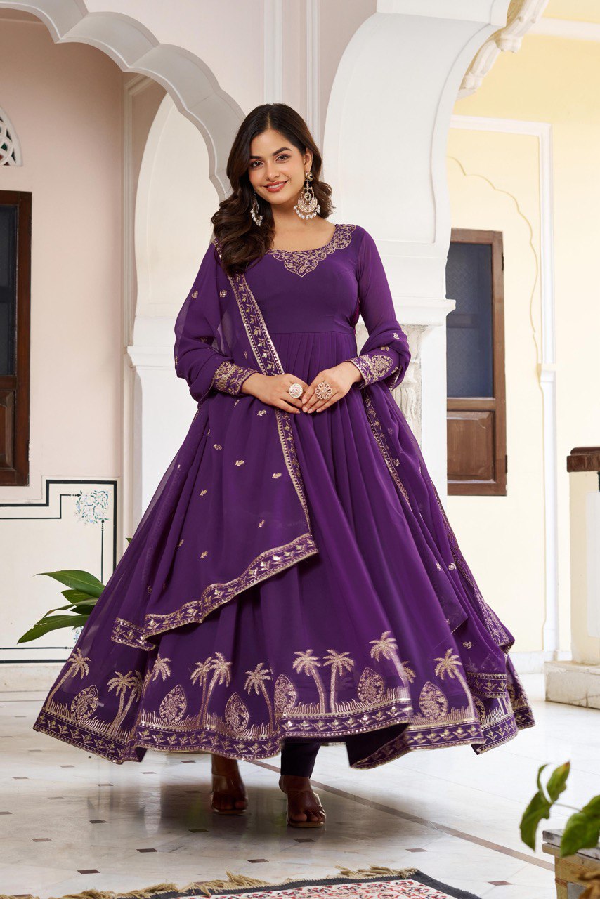 Purple & Wine Anarkali Suit Set with Embroidered Dupatta (2 Colors Available)