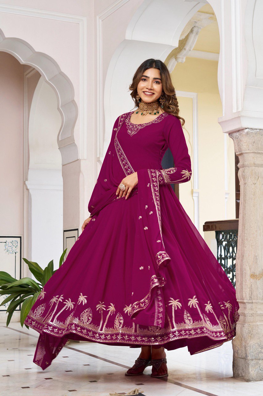 Purple & Wine Anarkali Suit Set with Embroidered Dupatta (2 Colors Available)