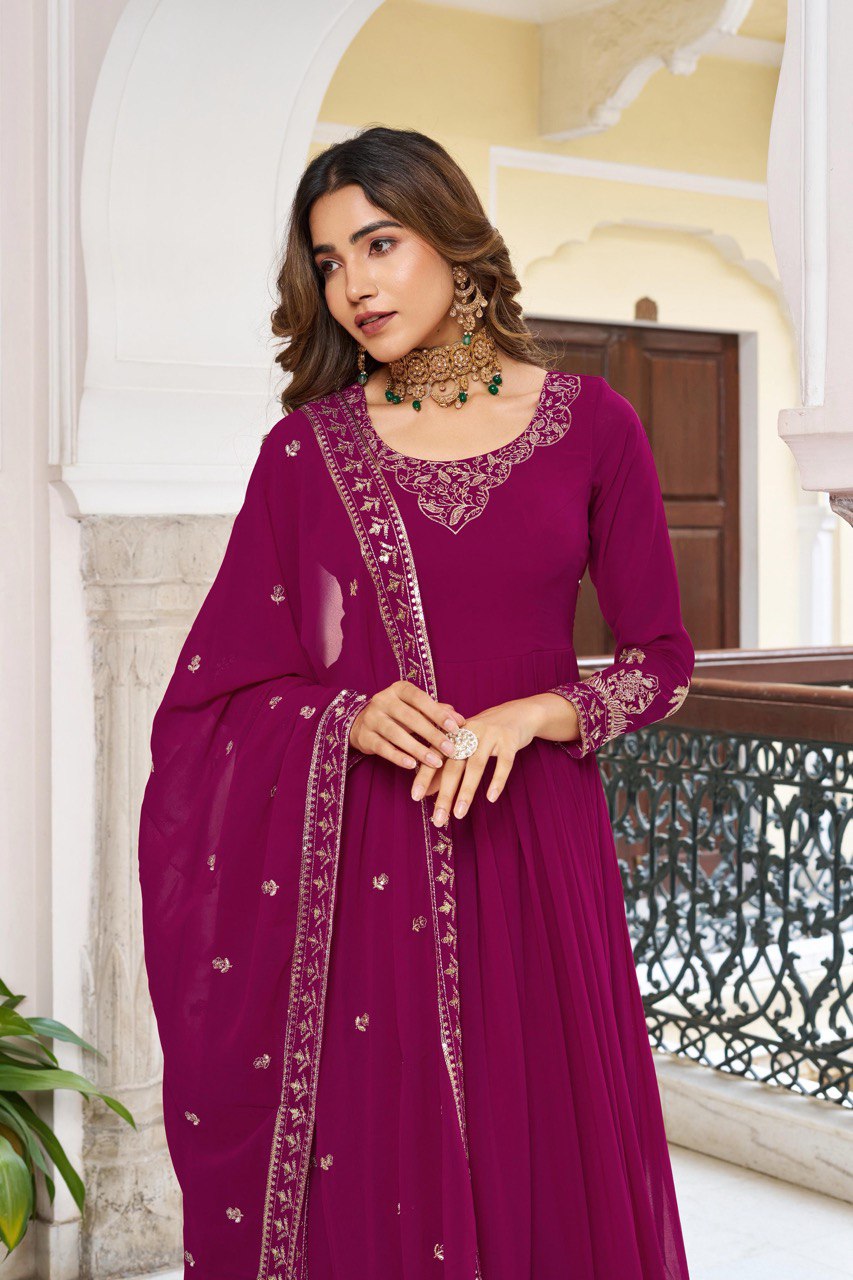 Purple & Wine Anarkali Suit Set with Embroidered Dupatta (2 Colors Available)