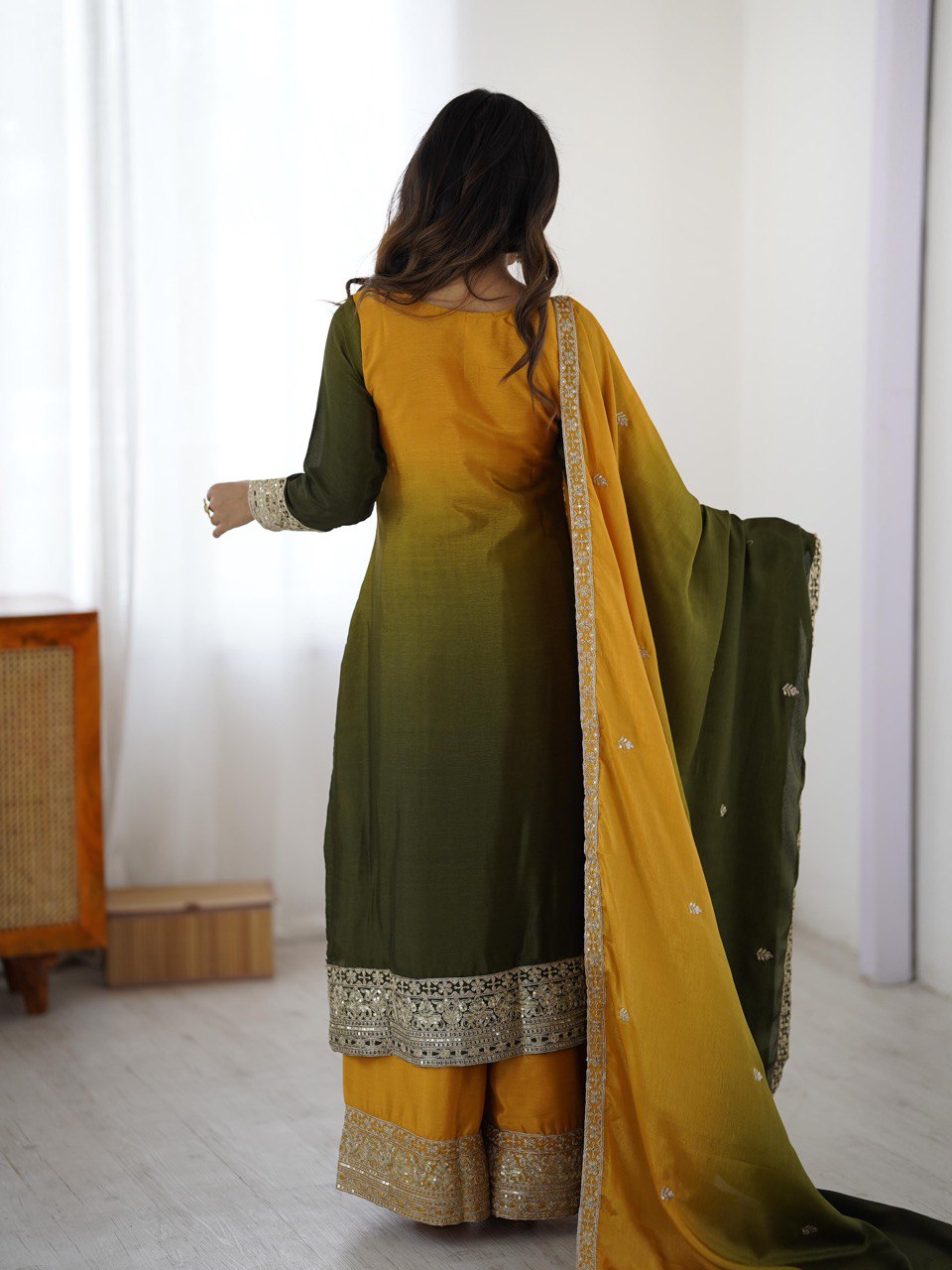 Embroidered Straight Kurta Suit Set with Dupatta – Olive Yellow & Teal Blue (2 Colors)