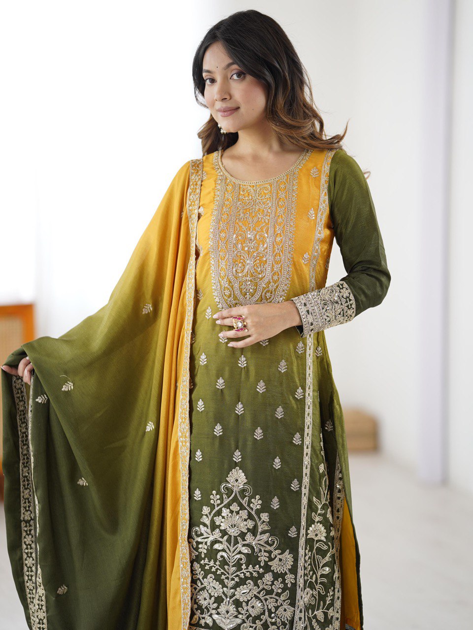 Embroidered Straight Kurta Suit Set with Dupatta – Olive Yellow & Teal Blue (2 Colors)