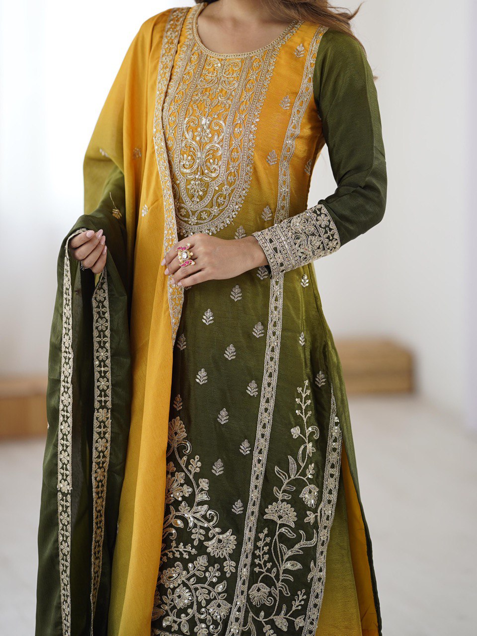 Embroidered Straight Kurta Suit Set with Dupatta – Olive Yellow & Teal Blue (2 Colors)