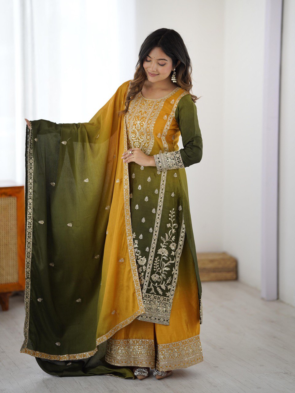 Embroidered Straight Kurta Suit Set with Dupatta – Olive Yellow & Teal Blue (2 Colors)