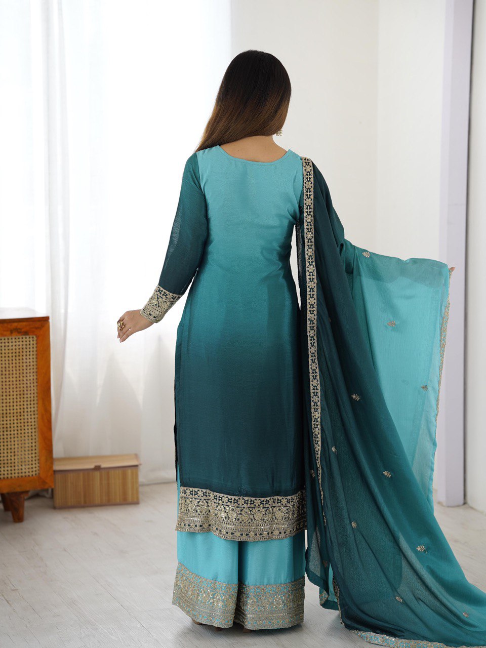 Embroidered Straight Kurta Suit Set with Dupatta – Olive Yellow & Teal Blue (2 Colors)