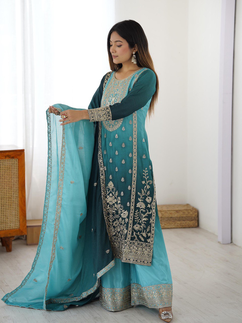 Embroidered Straight Kurta Suit Set with Dupatta – Olive Yellow & Teal Blue (2 Colors)
