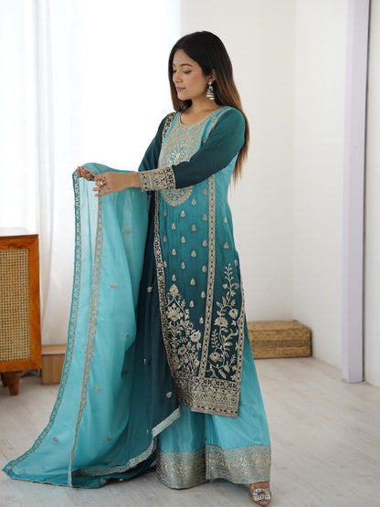 Embroidered Straight Kurta Suit Set with Dupatta – Olive Yellow & Teal Blue (2 Colors)
