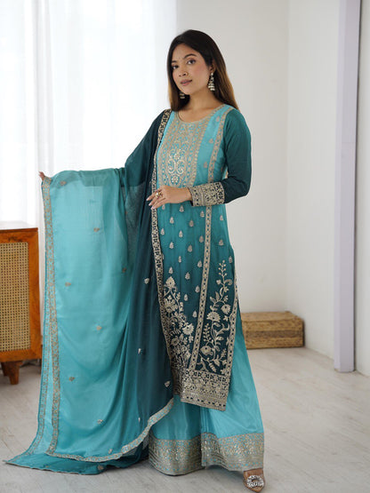Embroidered Straight Kurta Suit Set with Dupatta – Olive Yellow & Teal Blue (2 Colors)