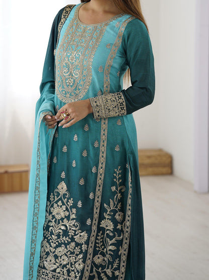 Embroidered Straight Kurta Suit Set with Dupatta – Olive Yellow & Teal Blue (2 Colors)