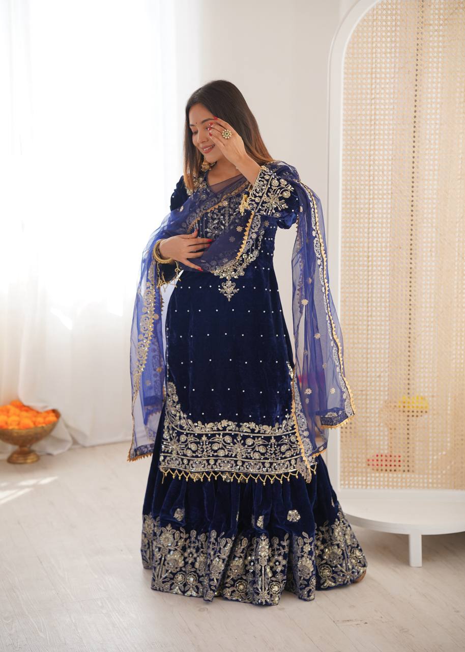 Heavy Velvet Embroidered Lehenga Suit Set with Dupatta – 4 Color Options