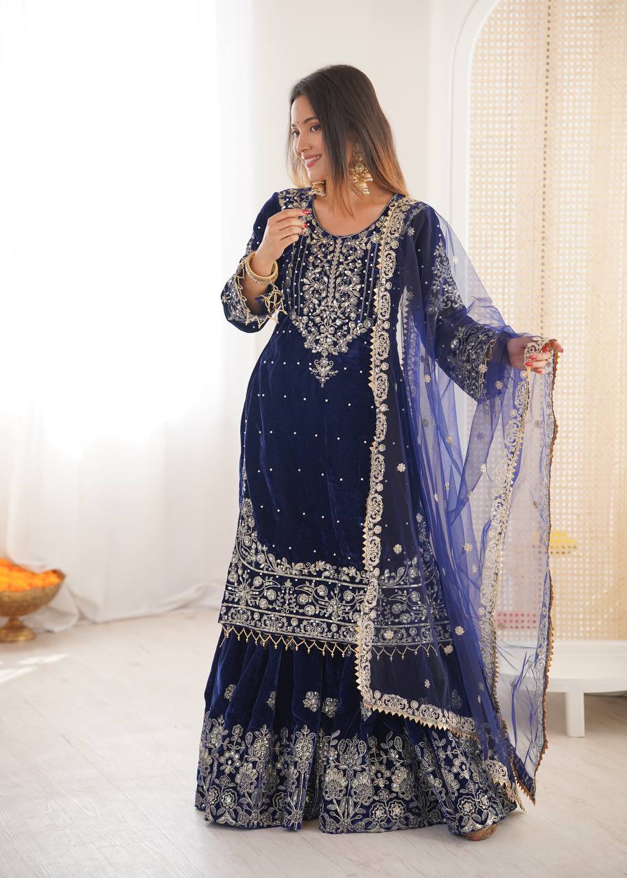 Heavy Velvet Embroidered Lehenga Suit Set with Dupatta – 4 Color Options