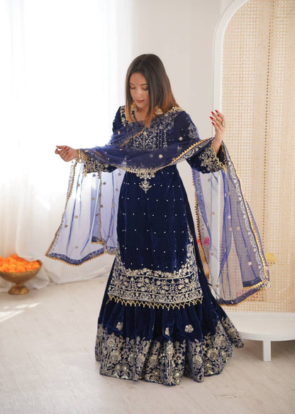 Heavy Velvet Embroidered Lehenga Suit Set with Dupatta – 4 Color Options