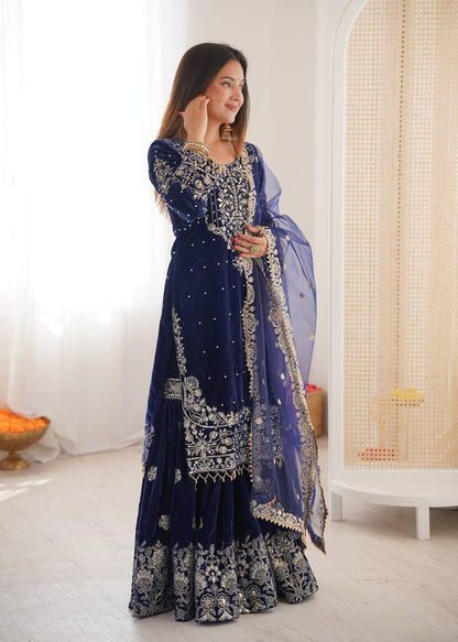 Heavy Velvet Embroidered Lehenga Suit Set with Dupatta – 4 Color Options