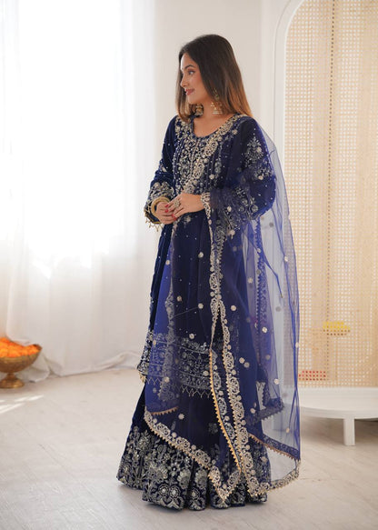 Heavy Velvet Embroidered Lehenga Suit Set with Dupatta – 4 Color Options