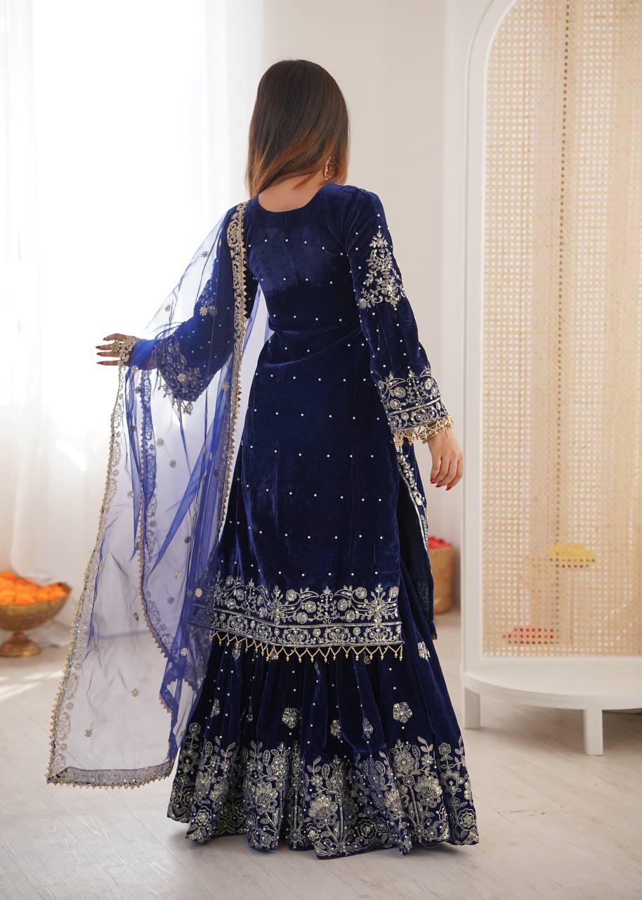 Heavy Velvet Embroidered Lehenga Suit Set with Dupatta – 4 Color Options