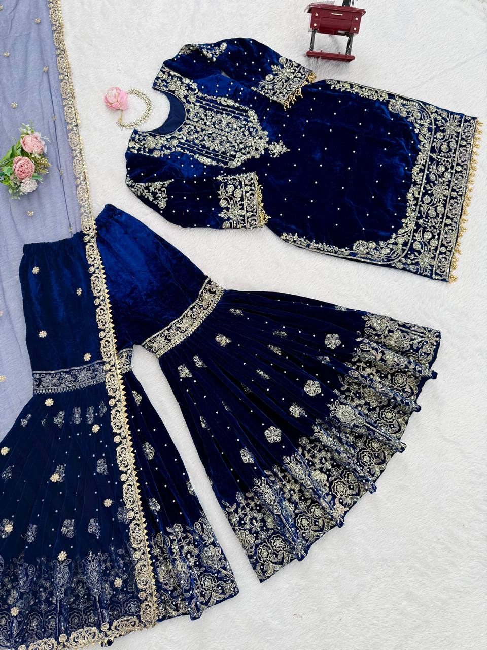Heavy Velvet Embroidered Lehenga Suit Set with Dupatta – 4 Color Options