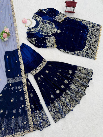 Heavy Velvet Embroidered Lehenga Suit Set with Dupatta – 4 Color Options