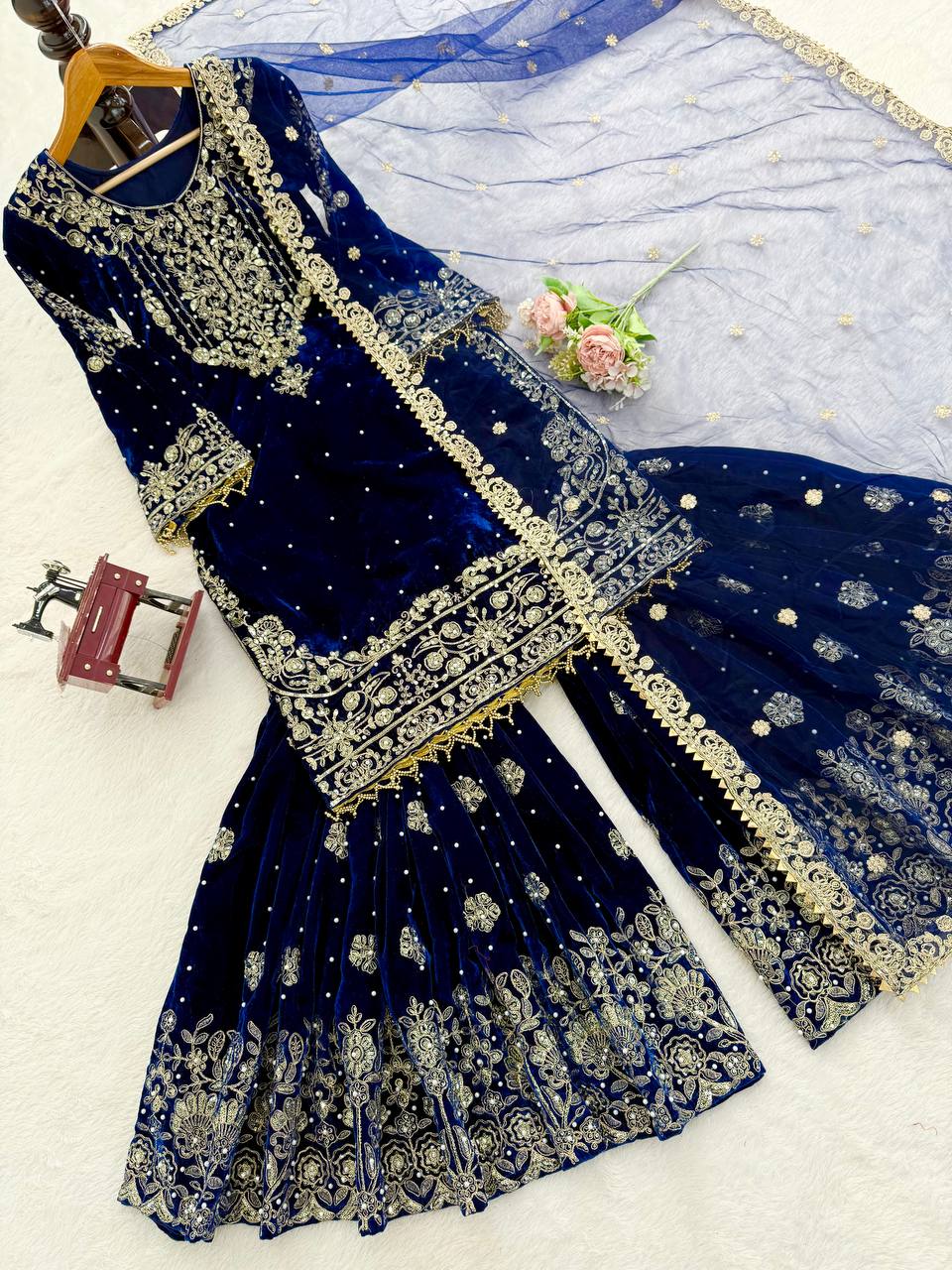 Heavy Velvet Embroidered Lehenga Suit Set with Dupatta – 4 Color Options