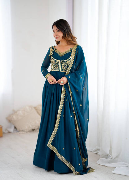 Embroidered Anarkali Suit Set with Dupatta & Bottom – Teal Blue & Wine (2 Colors)