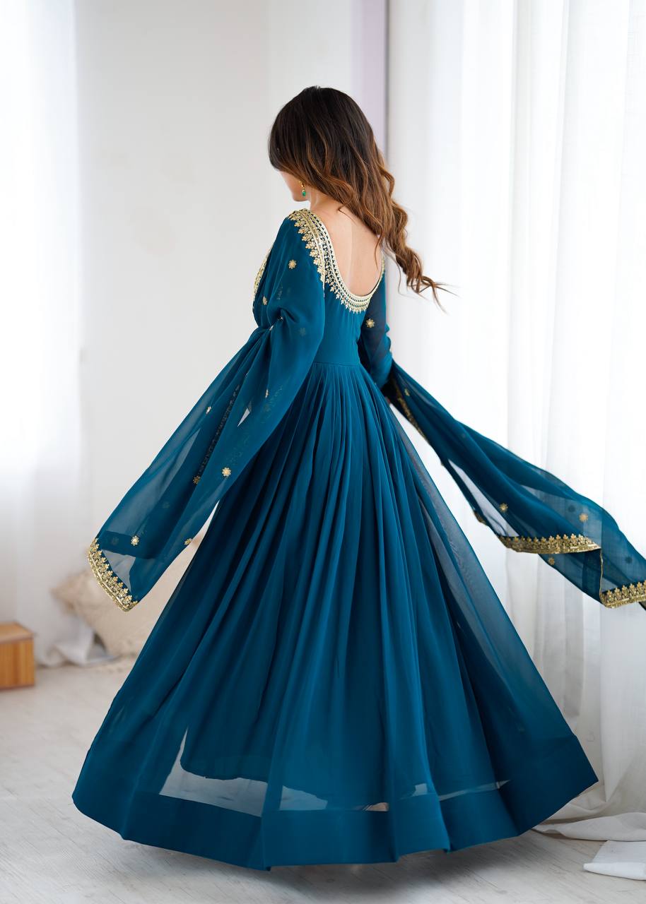 Embroidered Anarkali Suit Set with Dupatta & Bottom – Teal Blue & Wine (2 Colors)
