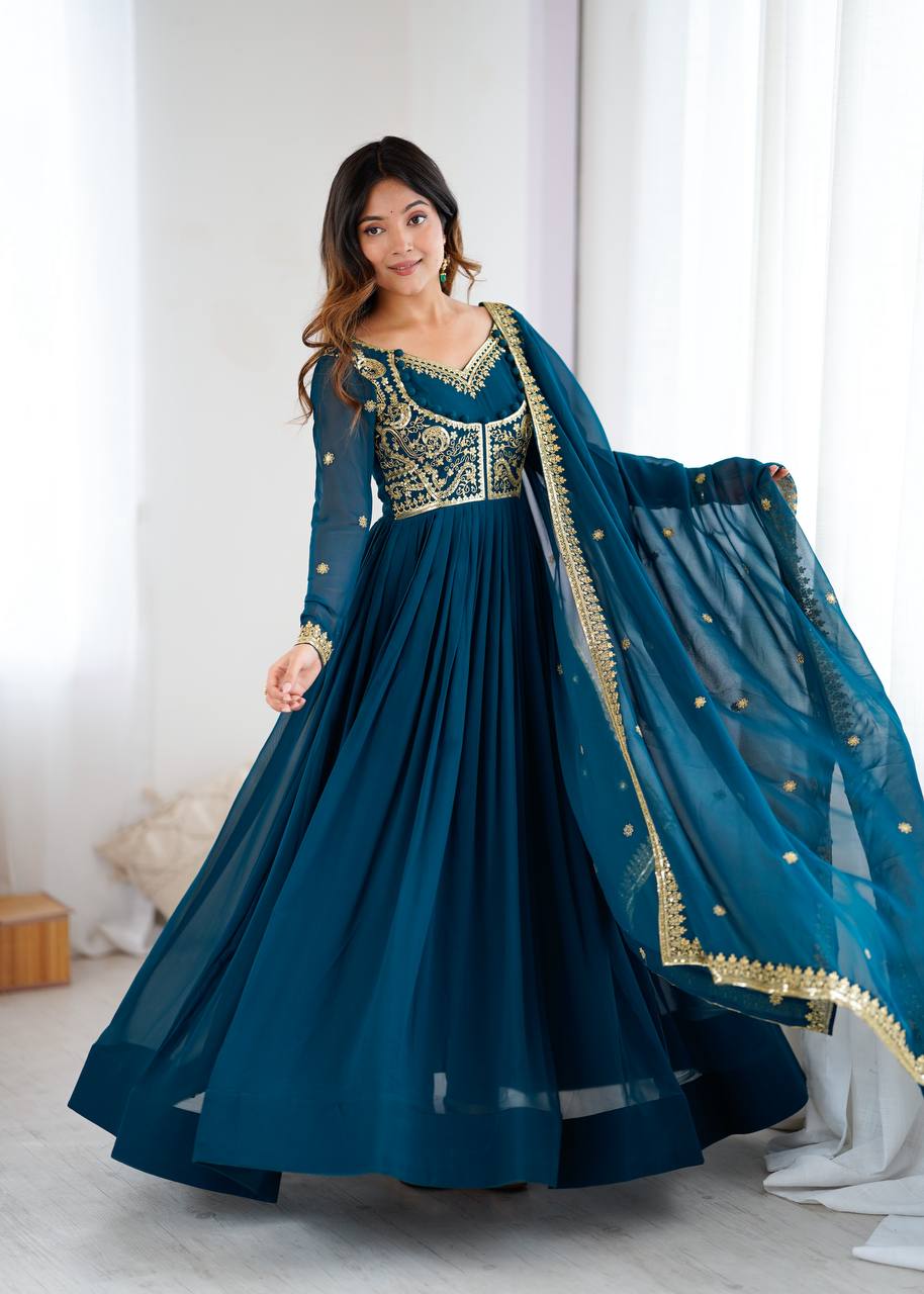 Embroidered Anarkali Suit Set with Dupatta & Bottom – Teal Blue & Wine (2 Colors)
