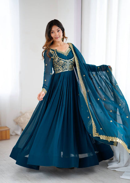 Embroidered Anarkali Suit Set with Dupatta & Bottom – Teal Blue & Wine (2 Colors)