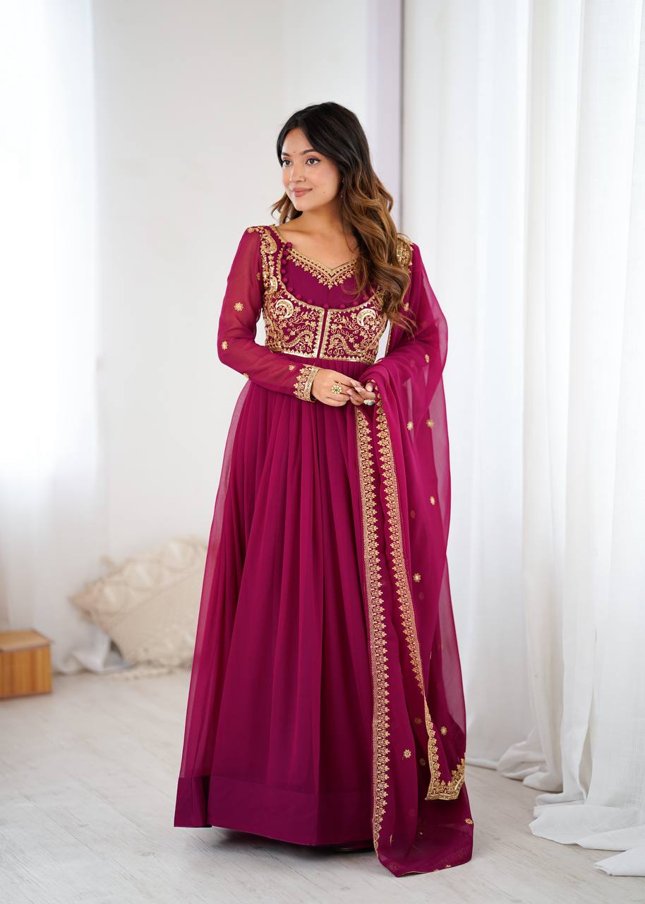 Embroidered Anarkali Suit Set with Dupatta & Bottom – Teal Blue & Wine (2 Colors)
