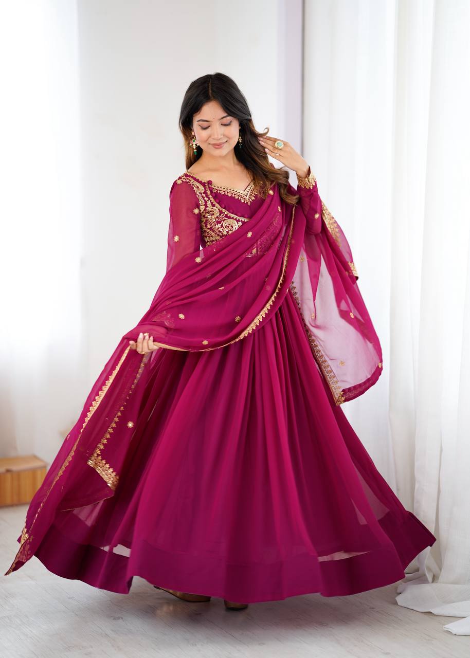 Embroidered Anarkali Suit Set with Dupatta & Bottom – Teal Blue & Wine (2 Colors)