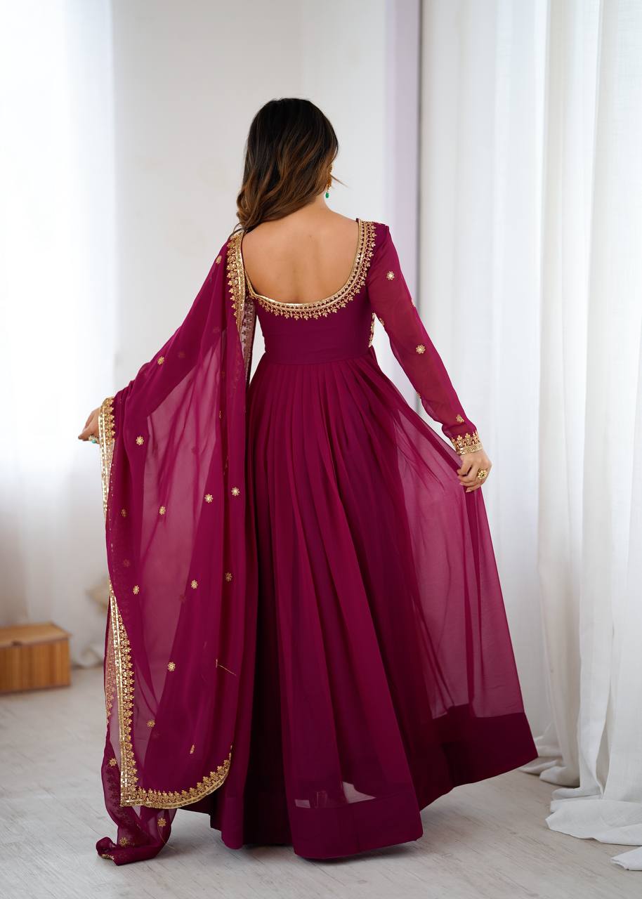 Embroidered Anarkali Suit Set with Dupatta & Bottom – Teal Blue & Wine (2 Colors)