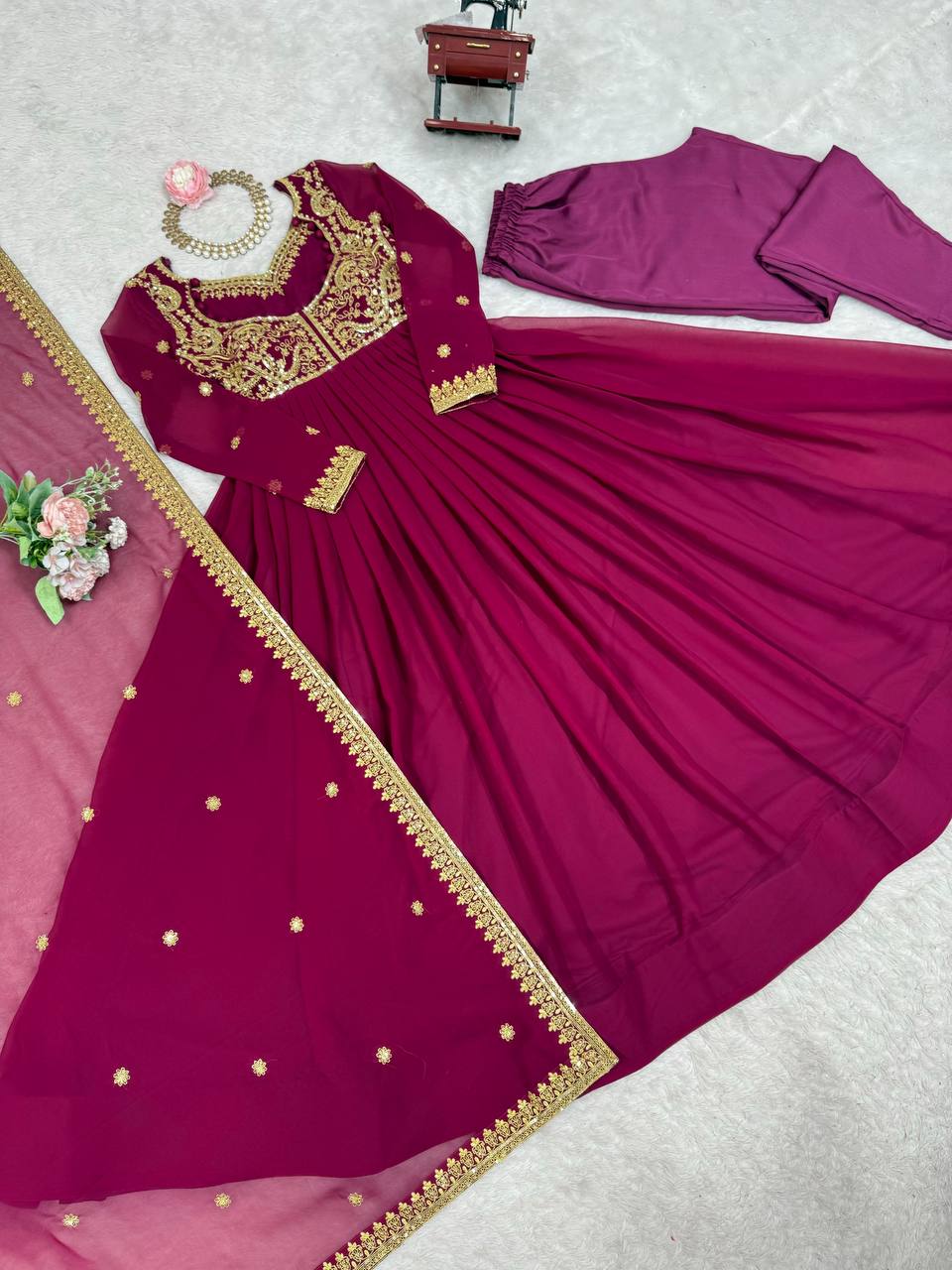 Embroidered Anarkali Suit Set with Dupatta & Bottom – Teal Blue & Wine (2 Colors)