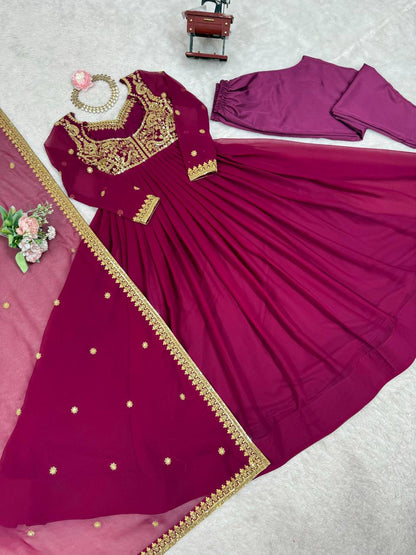 Embroidered Anarkali Suit Set with Dupatta & Bottom – Teal Blue & Wine (2 Colors)