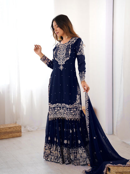 Designer Heavy Embroidered Kurta Sharara Suit Set with Dupatta | 10 Color Options