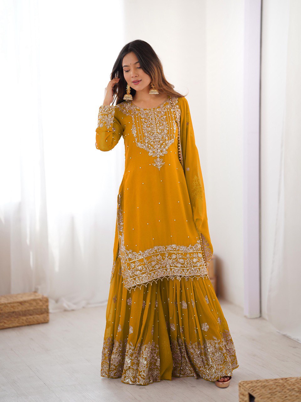 Designer Heavy Embroidered Kurta Sharara Suit Set with Dupatta | 10 Color Options