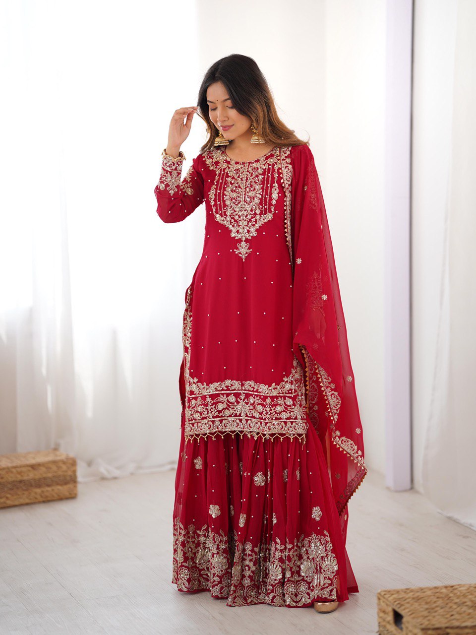 Designer Heavy Embroidered Kurta Sharara Suit Set with Dupatta | 10 Color Options
