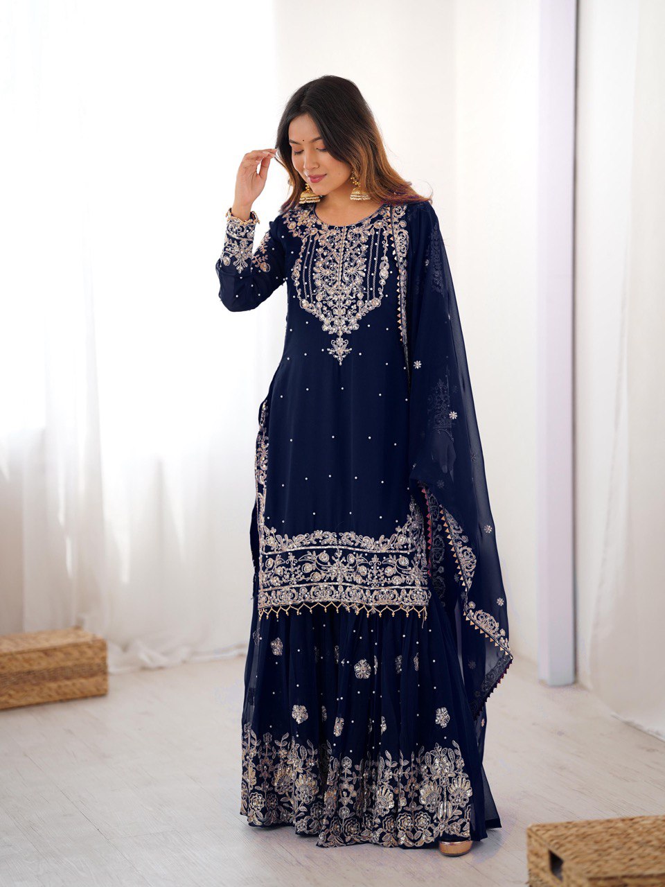 Designer Heavy Embroidered Kurta Sharara Suit Set with Dupatta | 10 Color Options