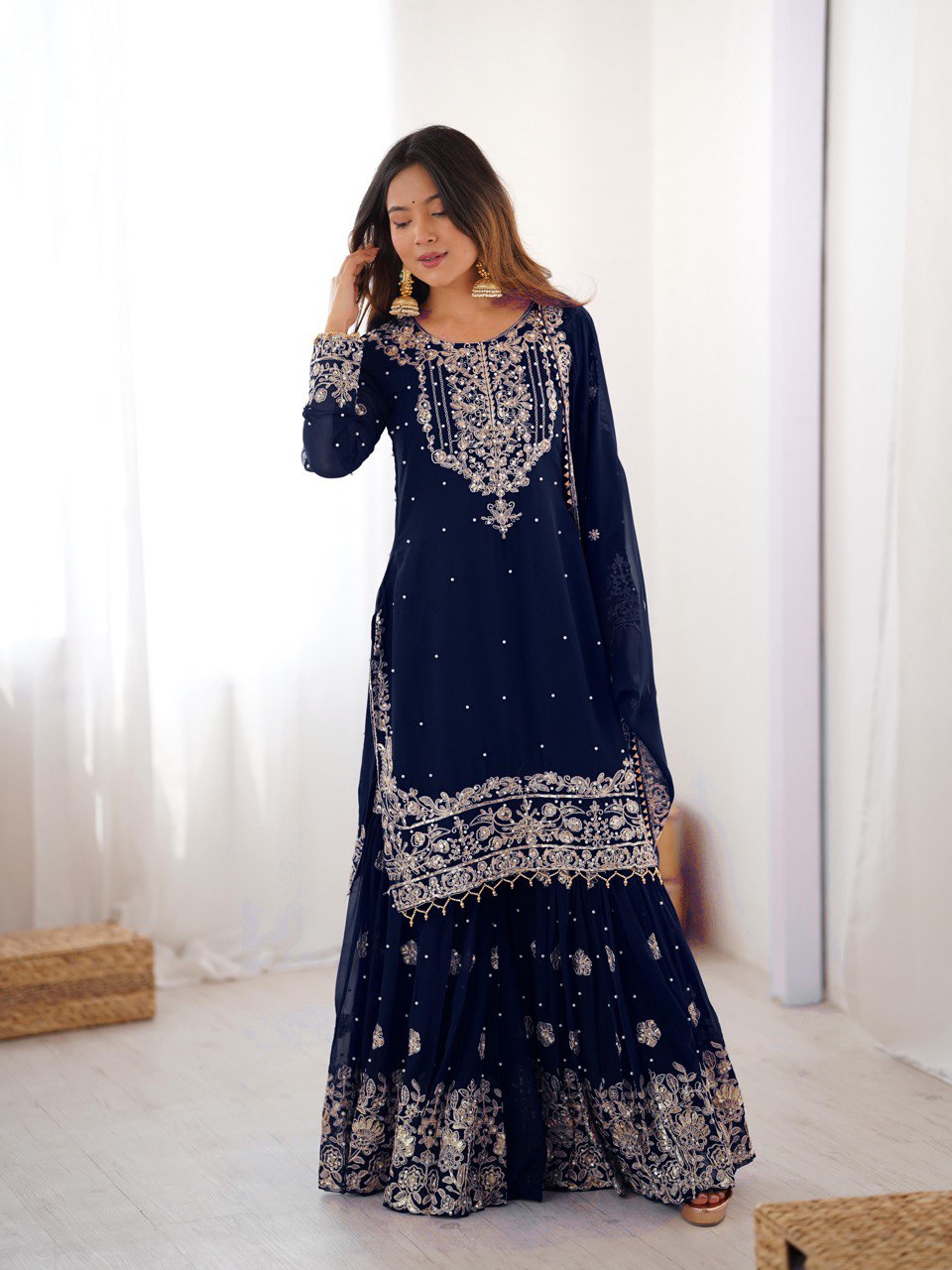 Designer Heavy Embroidered Kurta Sharara Suit Set with Dupatta | 10 Color Options
