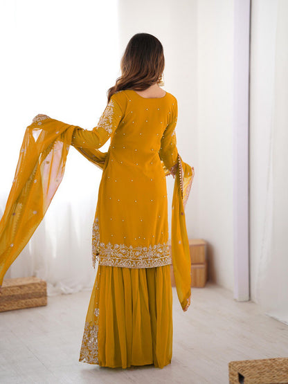 Designer Heavy Embroidered Kurta Sharara Suit Set with Dupatta | 10 Color Options