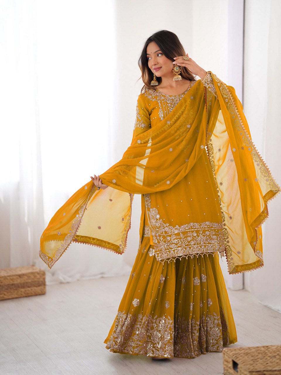Designer Heavy Embroidered Kurta Sharara Suit Set with Dupatta | 10 Color Options