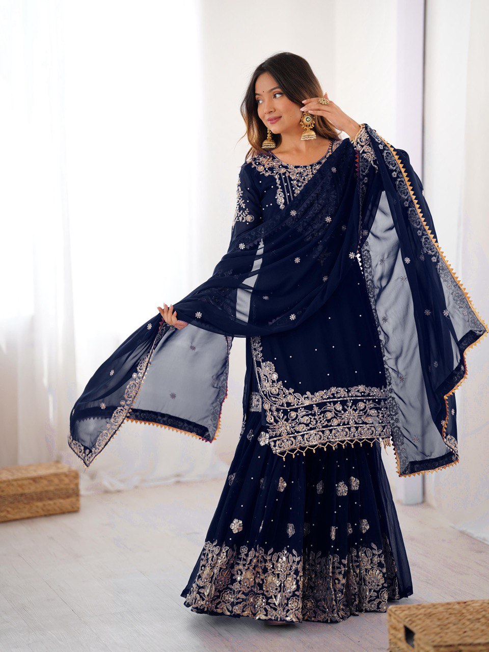 Designer Heavy Embroidered Kurta Sharara Suit Set with Dupatta | 10 Color Options