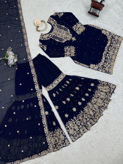 Designer Heavy Embroidered Kurta Sharara Suit Set with Dupatta | 10 Color Options