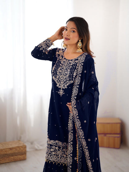 Designer Heavy Embroidered Kurta Sharara Suit Set with Dupatta | 10 Color Options