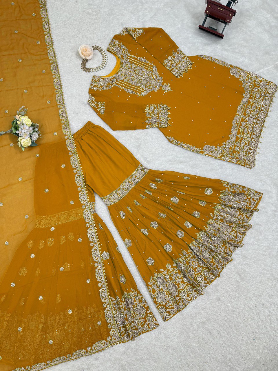 Designer Heavy Embroidered Kurta Sharara Suit Set with Dupatta | 10 Color Options