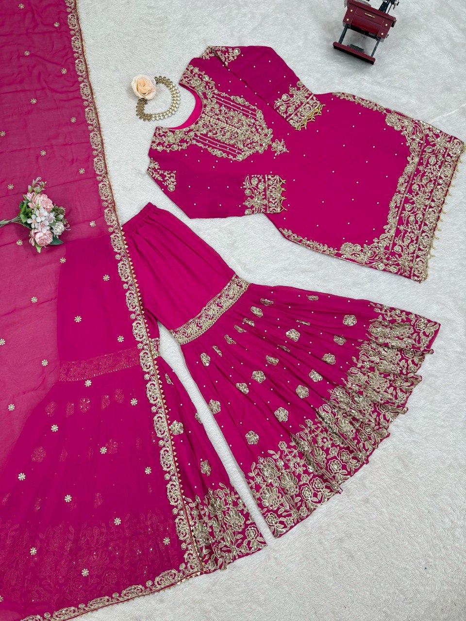 Designer Heavy Embroidered Kurta Sharara Suit Set with Dupatta | 10 Color Options