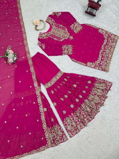 Designer Heavy Embroidered Kurta Sharara Suit Set with Dupatta | 10 Color Options