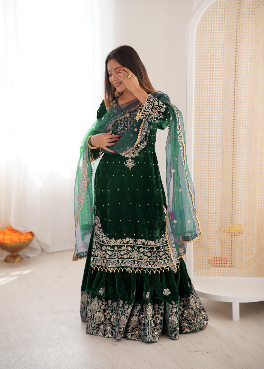 Heavy Velvet Embroidered Lehenga Suit Set with Dupatta – 4 Color Options