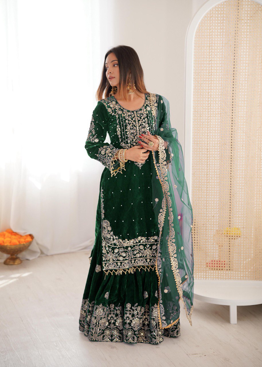 Heavy Velvet Embroidered Lehenga Suit Set with Dupatta – 4 Color Options