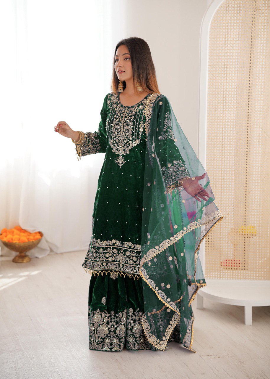 Heavy Velvet Embroidered Lehenga Suit Set with Dupatta – 4 Color Options