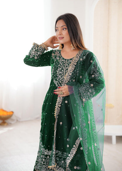 Heavy Velvet Embroidered Lehenga Suit Set with Dupatta – 4 Color Options