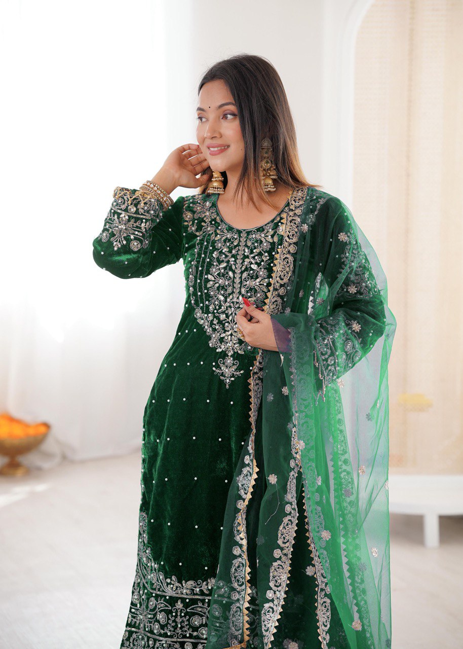 Heavy Velvet Embroidered Lehenga Suit Set with Dupatta – 4 Color Options
