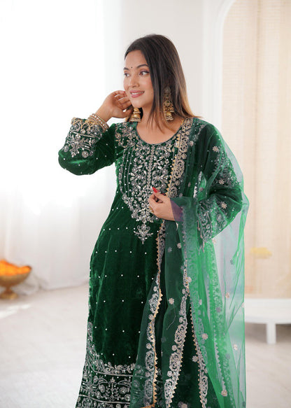 Heavy Velvet Embroidered Lehenga Suit Set with Dupatta – 4 Color Options
